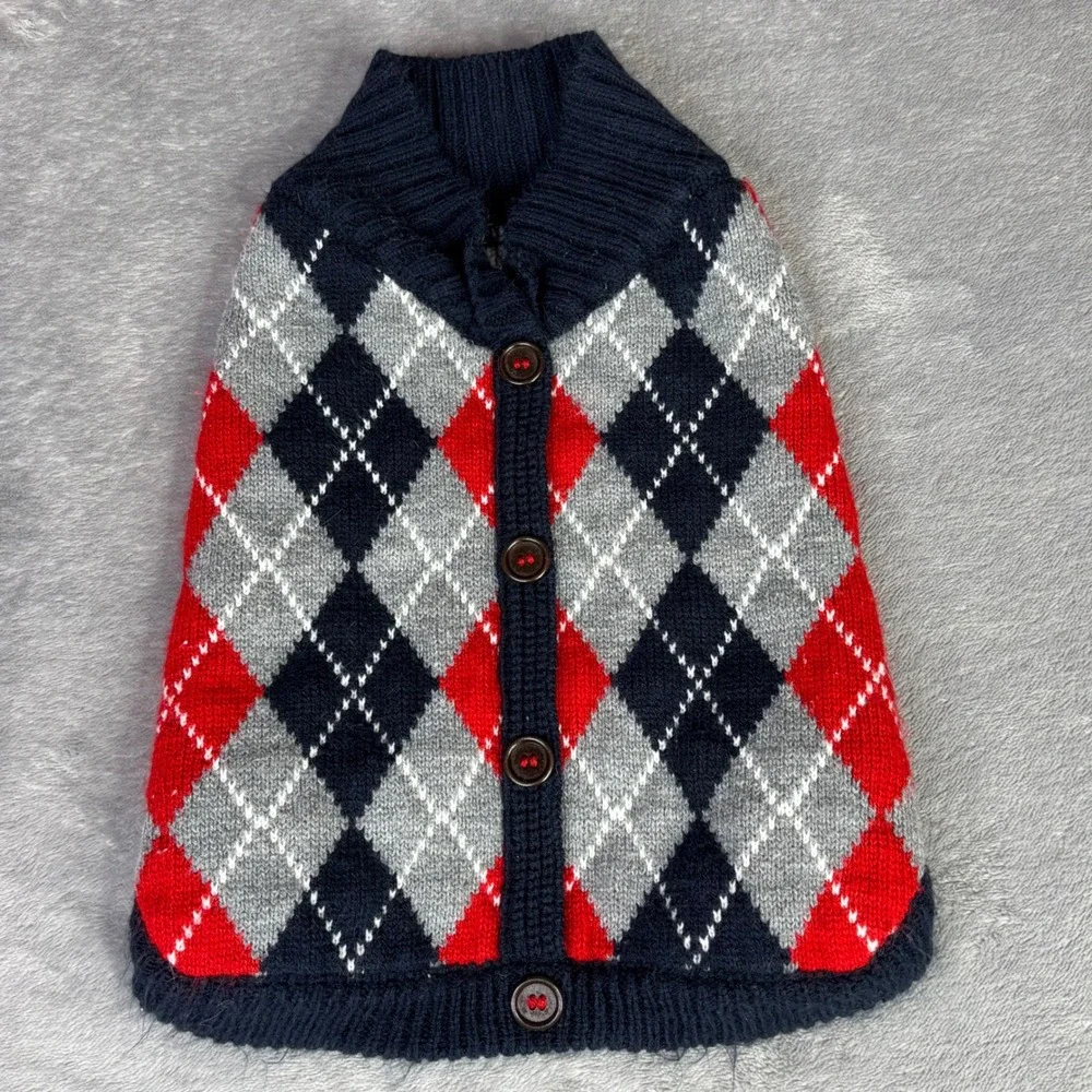 Argyle Pet Sweater Medium Red Grey Blue Button‎ Front Shawl Collar Dog Outfit